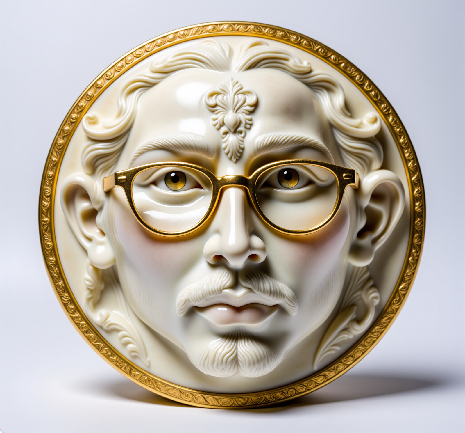 Firefly_ bakealite sculpture of THE FACE, with glasses, caustic light pat 634131